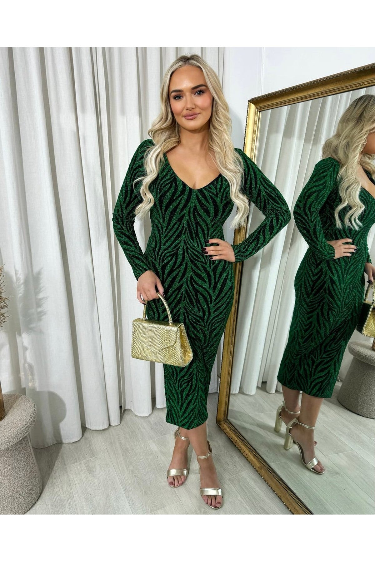 Evelyn Printed V-neck Long Sleeve Glitter Midi Dress - Green