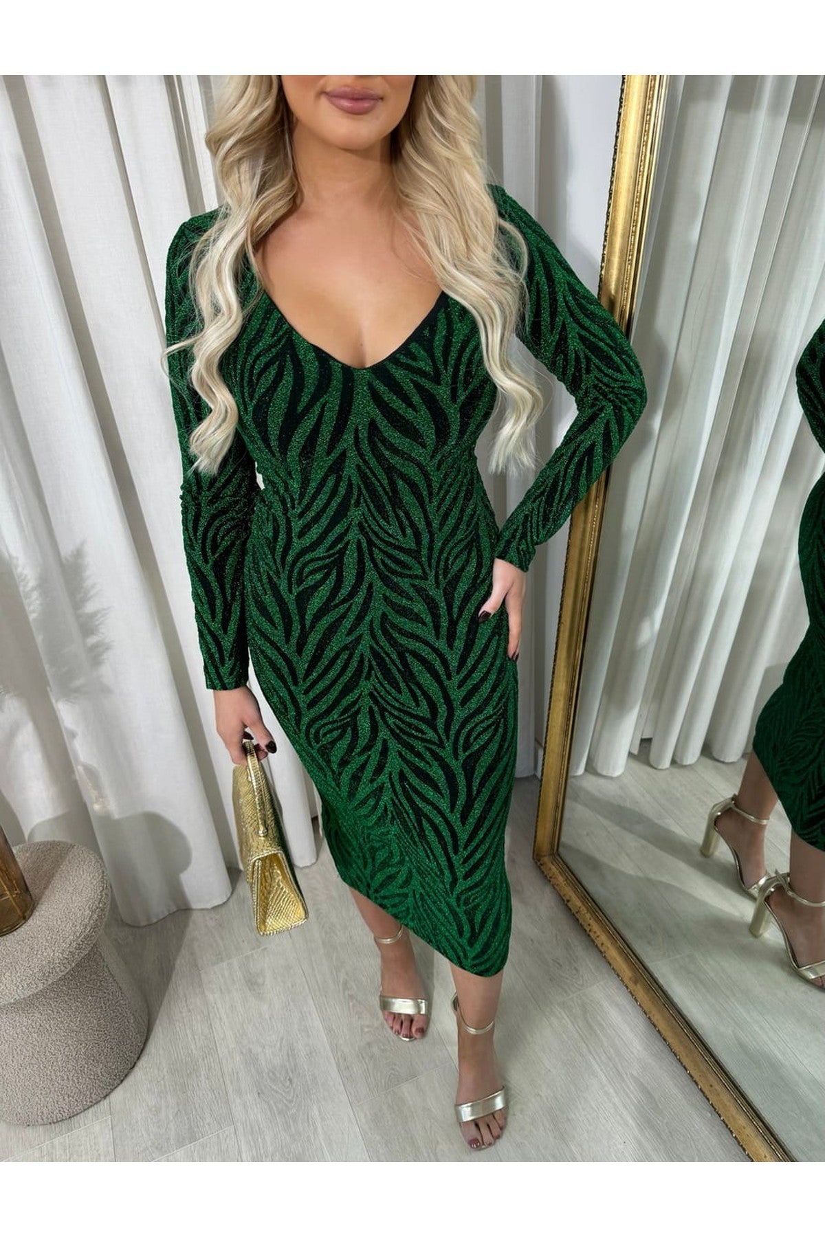 Evelyn Printed V-neck Long Sleeve Glitter Midi Dress - Green
