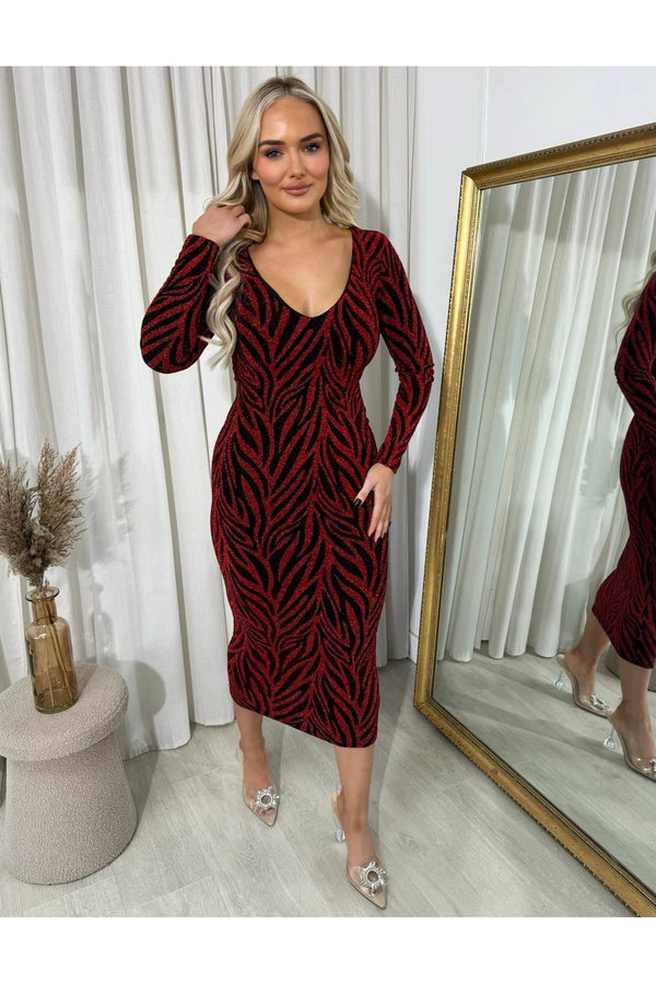 Evelyn Printed V-neck Long Sleeve Glitter Midi Dress - Wine