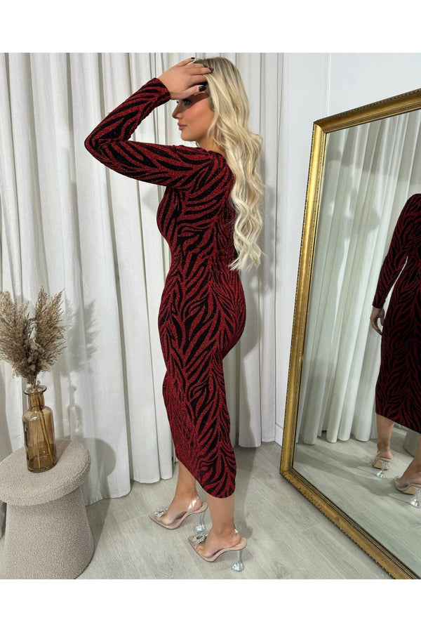 Evelyn Printed V-neck Long Sleeve Glitter Midi Dress - Wine