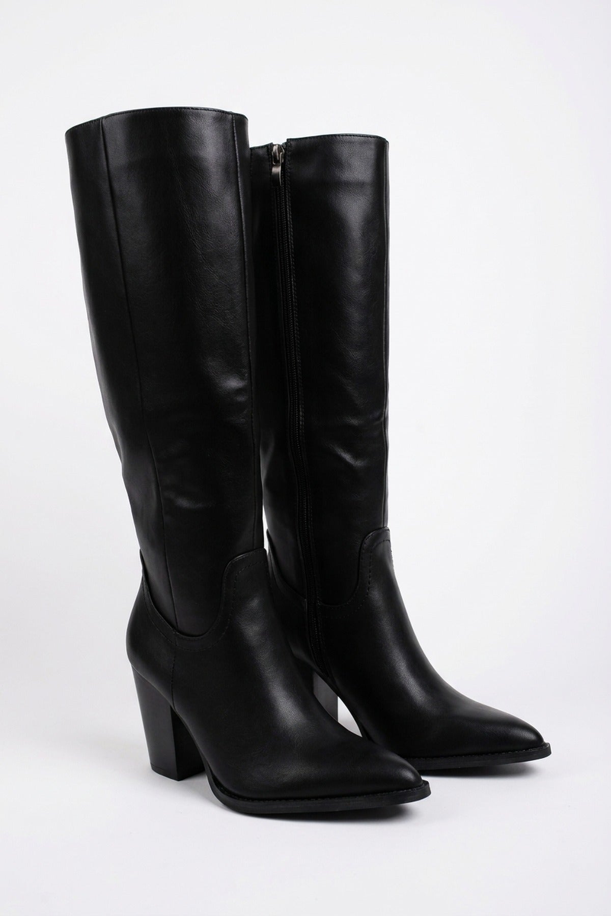Mercedes Faux Leather Knee High Block Heel Boots - Black