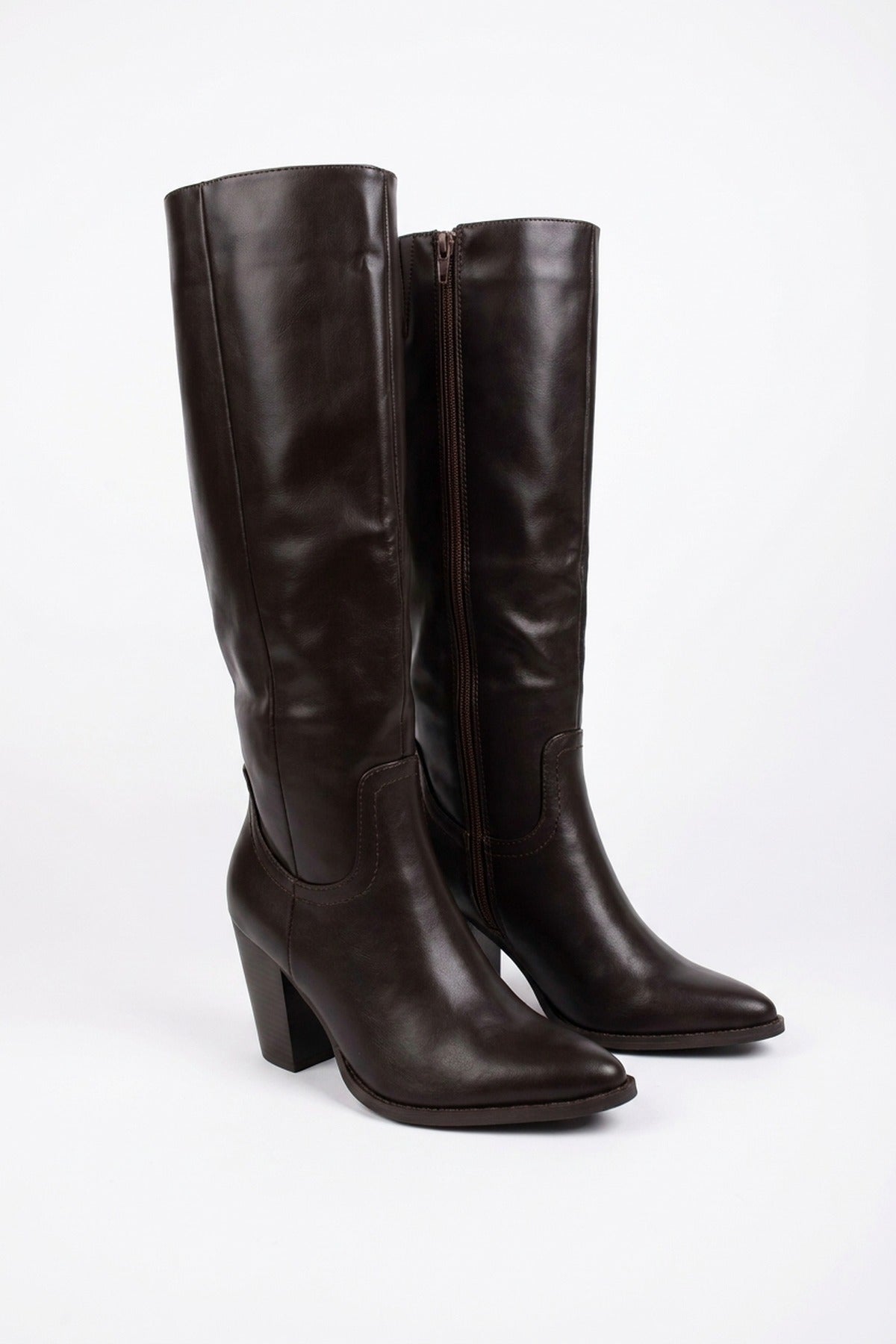Mercedes Faux Leather Knee High Block Heel Boots - Brown