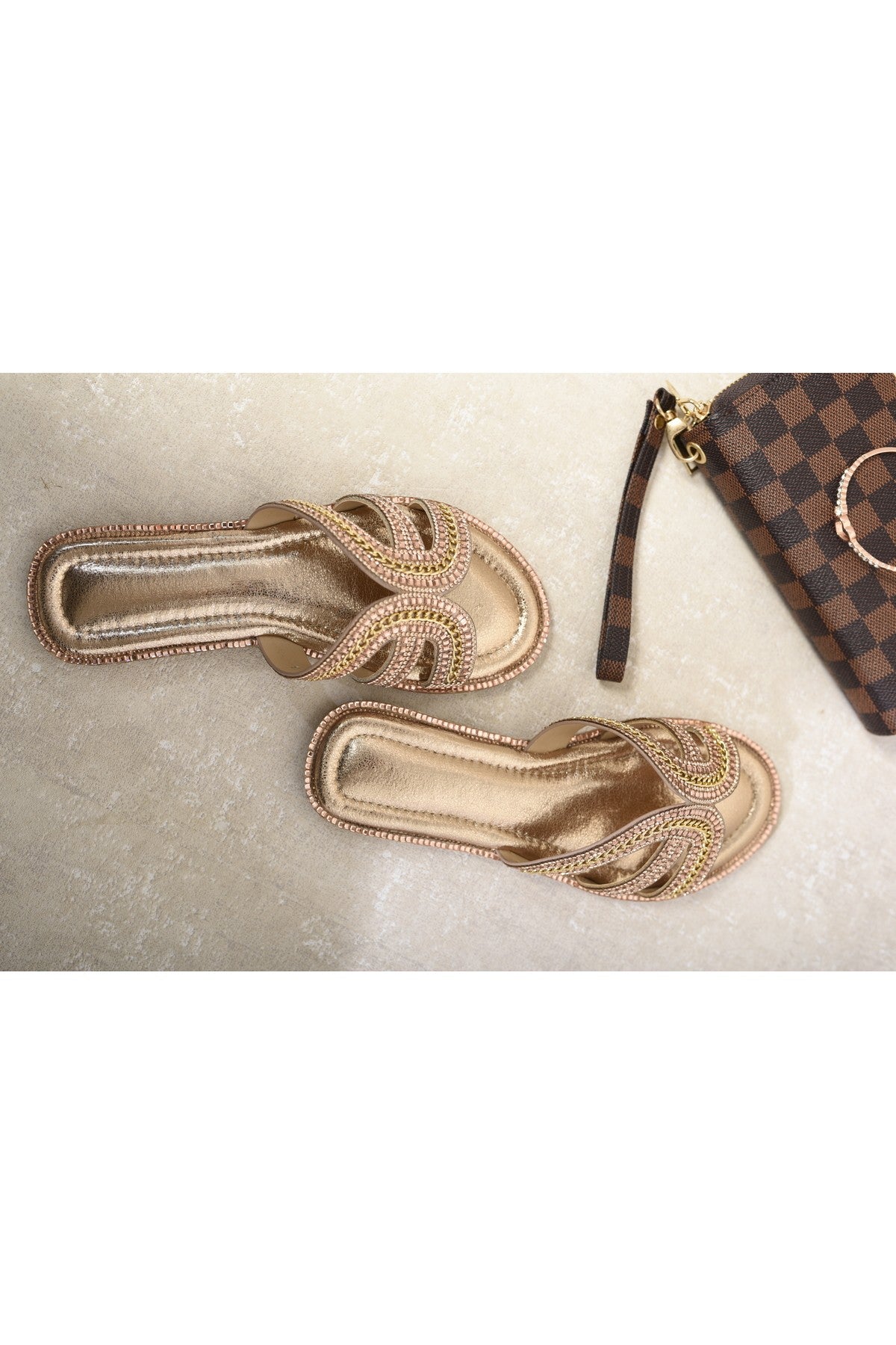 Fatima Embellished Open Toe Flat Sandals - Rose Gold