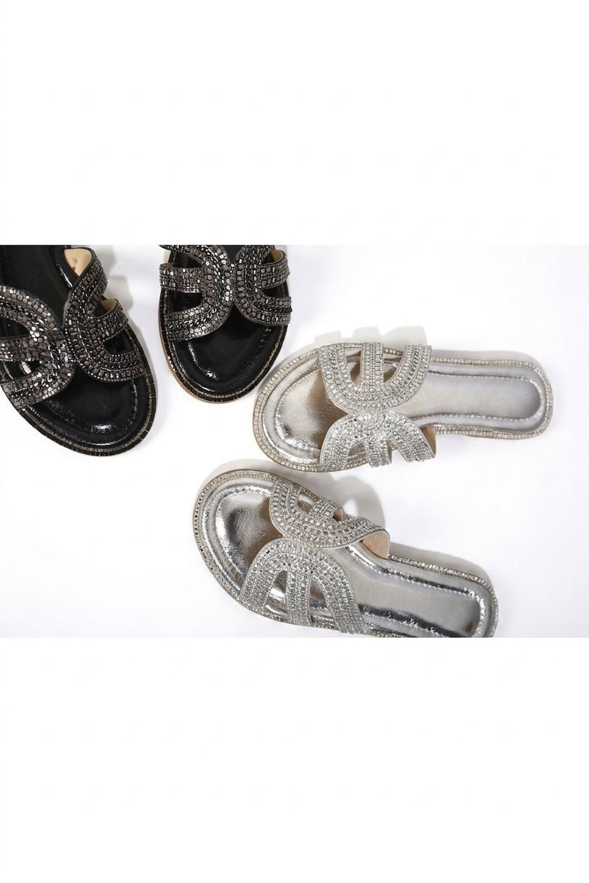 Fatima Embellished Open Toe Flat Sandals - Silver
