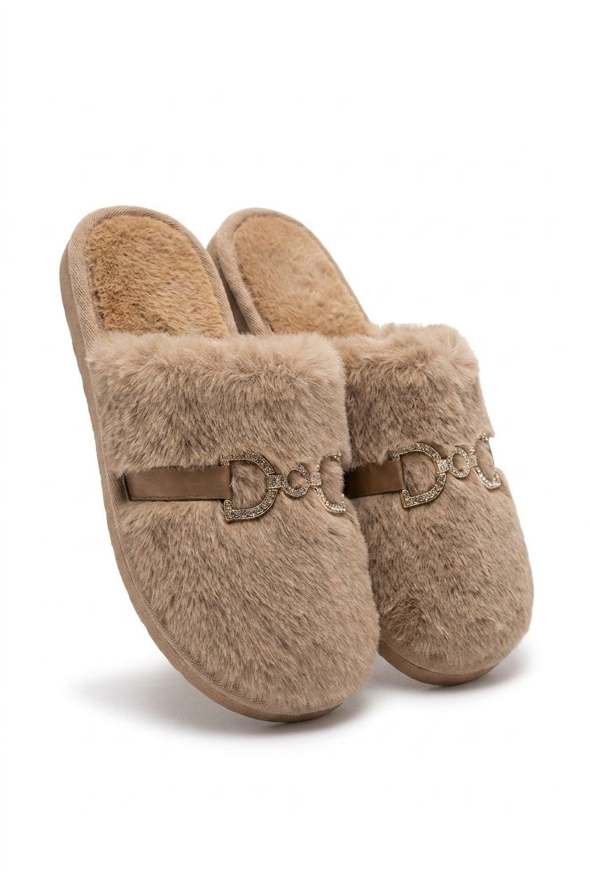Noelia Faux Fur Slip-on Slippers With Gold Chain Detail - Mocha