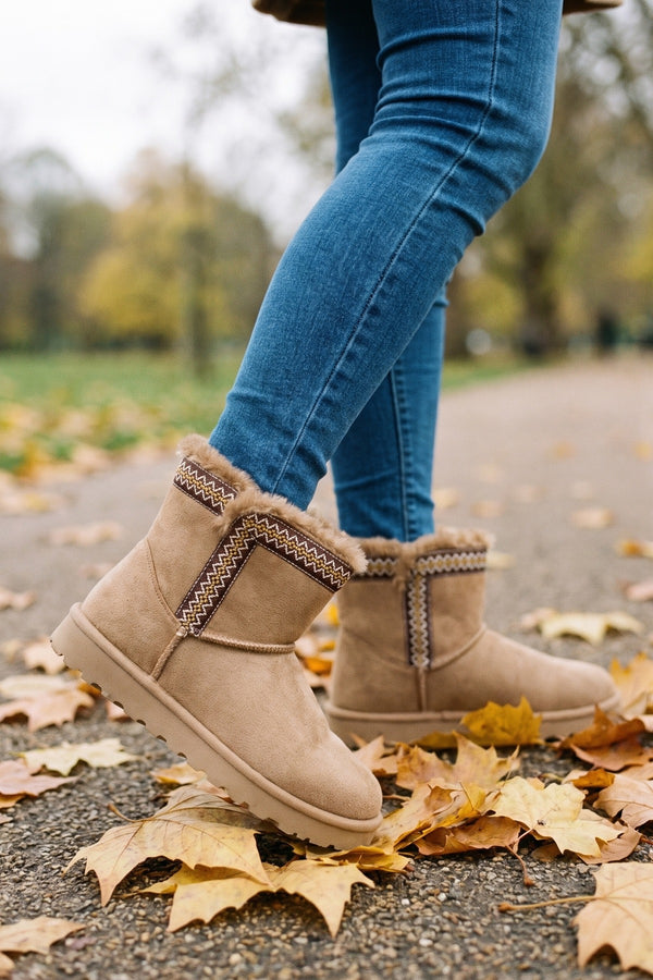 Malira Faux Suede Fluffy Lined Ankle Boots With Stitch Trim - Khaki