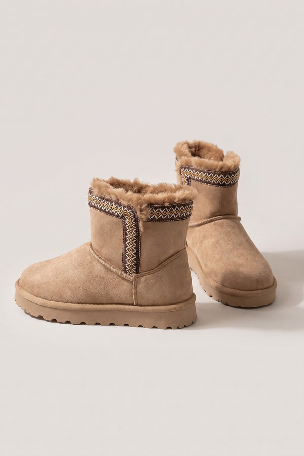 Malira Faux Suede Fluffy Lined Ankle Boots With Stitch Trim - Khaki