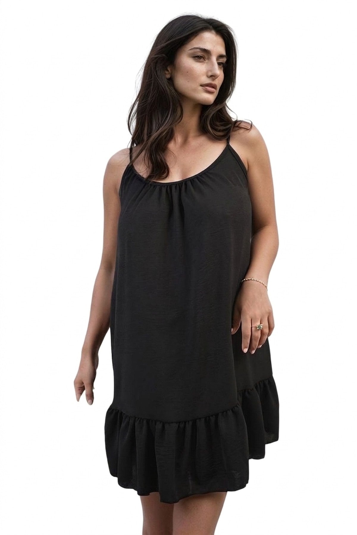 Faye Backless Tie-up Spaghetti Strap Frill Hem Mini Dress - Black_wb
