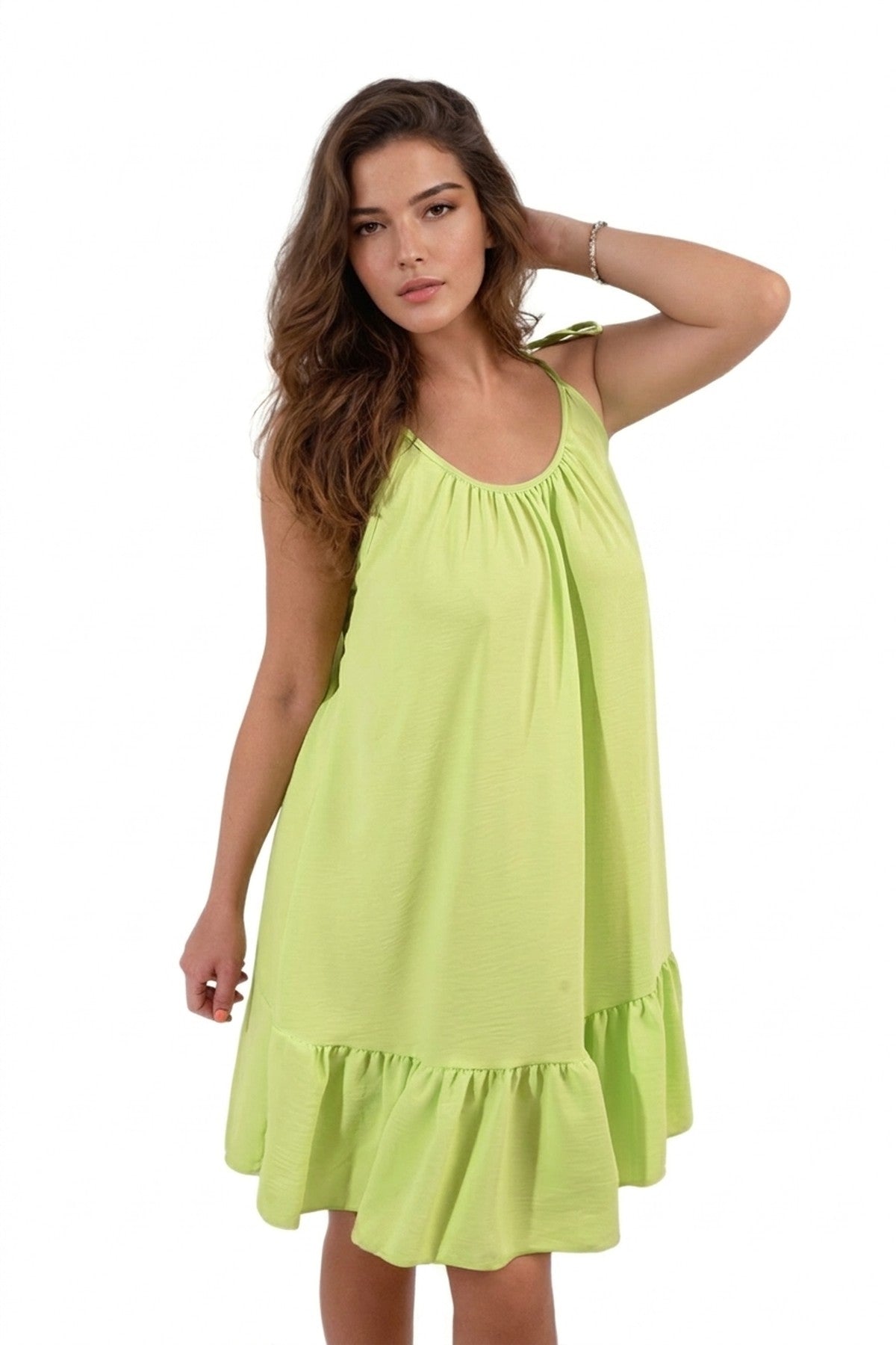 Faye Backless Tie-up Spaghetti Strap Frill Hem Mini Dress - Lime_wb