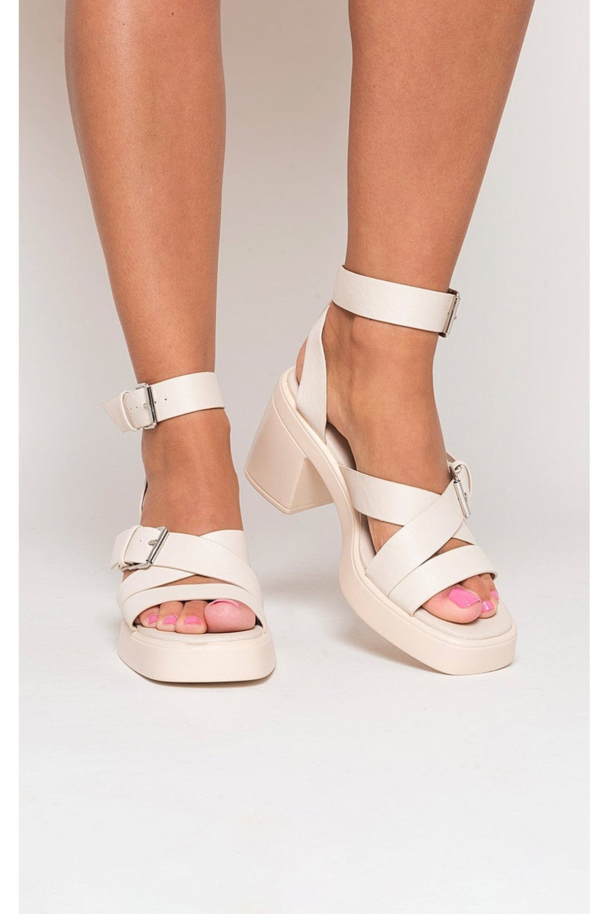 Faye Cris Cross Ankle Strap Heeled Sandals - Cream