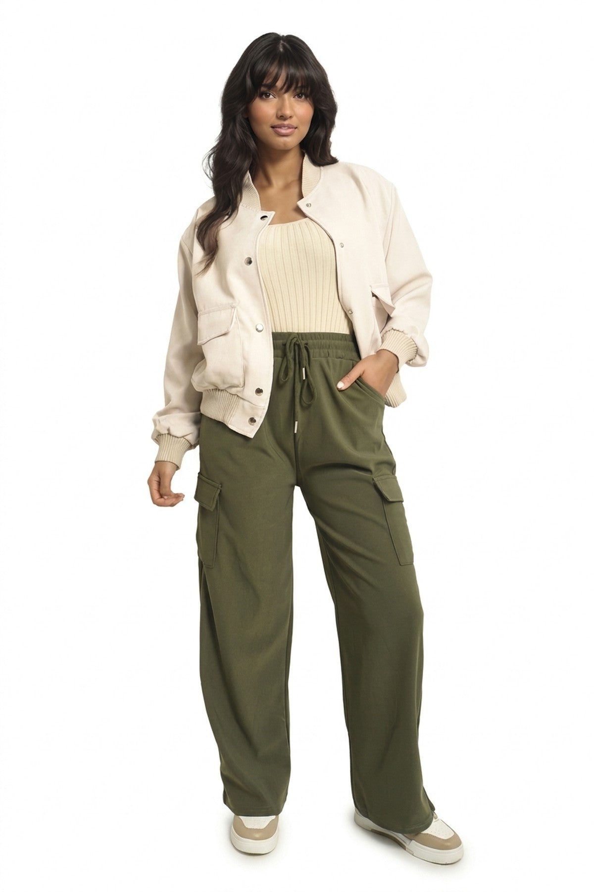 Faye Wide Leg Drawstring Waist Flap Pocket Trouser - KHAKI_wb