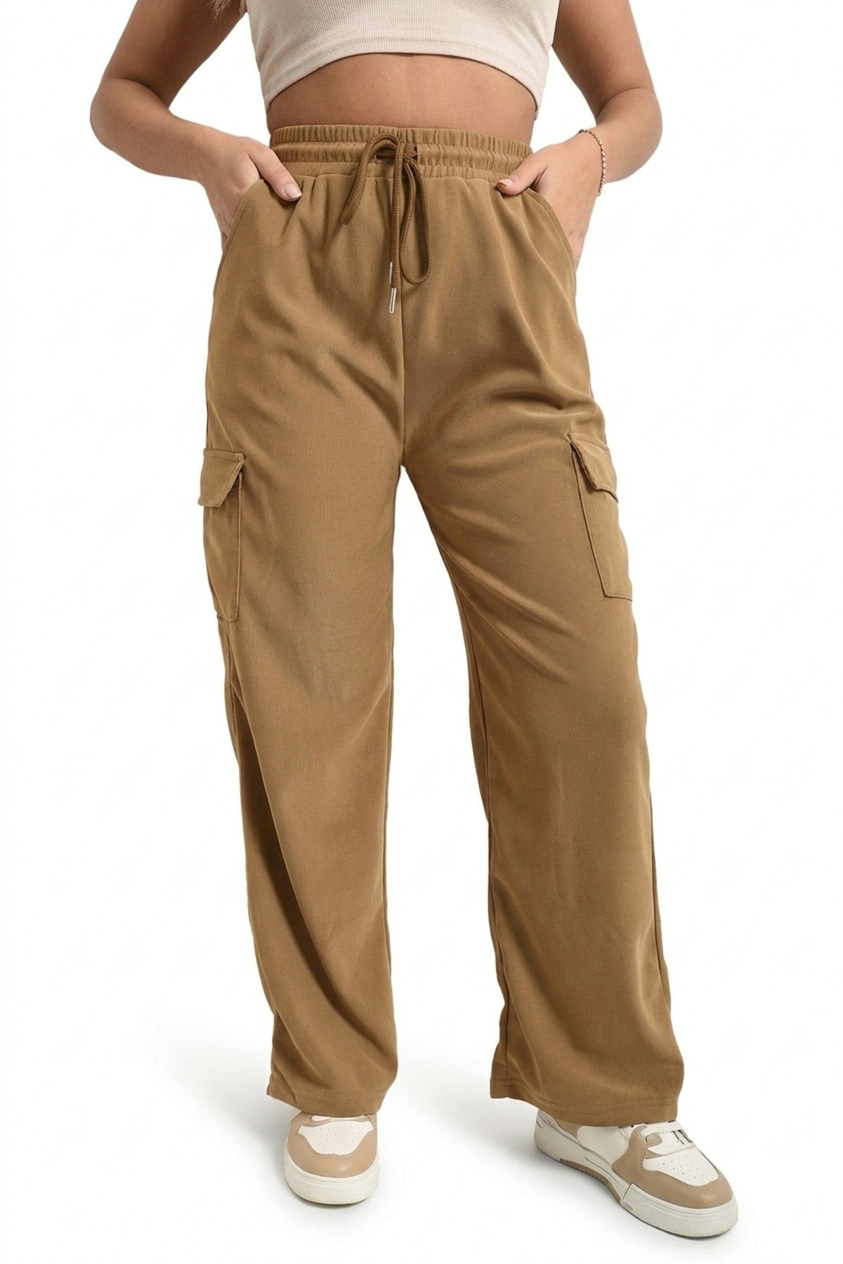 Faye Wide Leg Drawstring Waist Flap Pocket Trouser - Mocha_wb