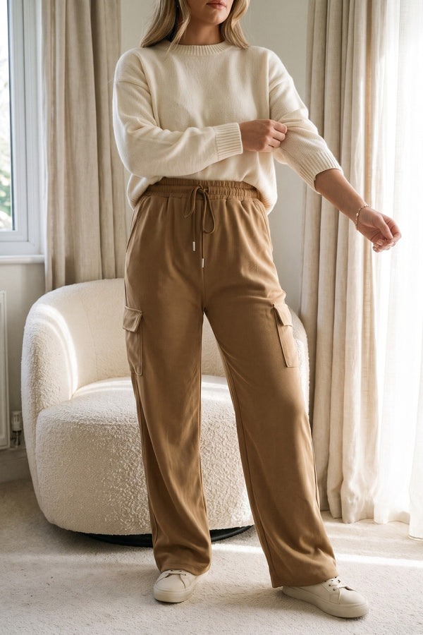 Faye Wide Leg Drawstring Waist Flap Pocket Trouser - Mocha