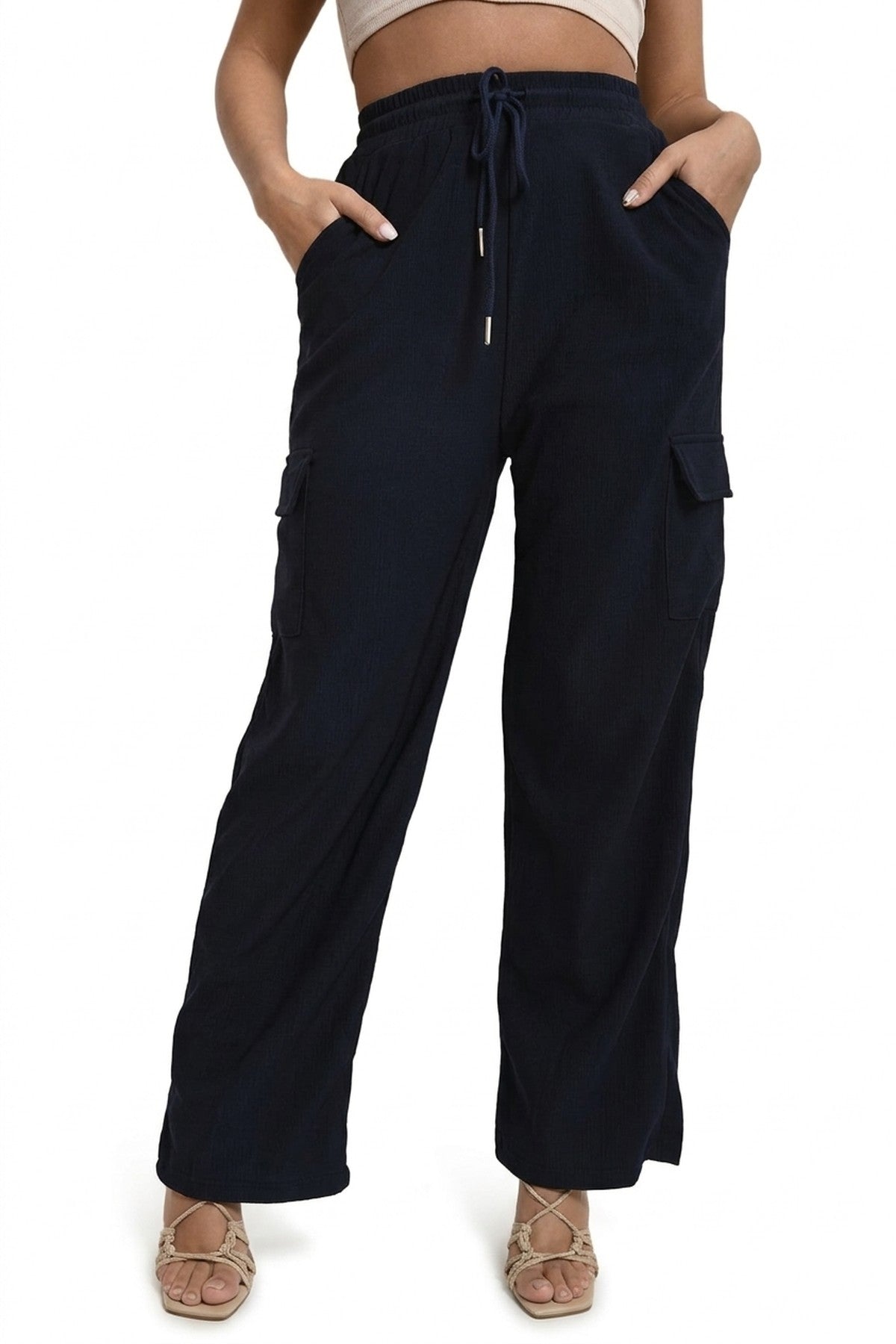 Faye Wide Leg Drawstring Waist Flap Pocket Trouser - Navy_wb
