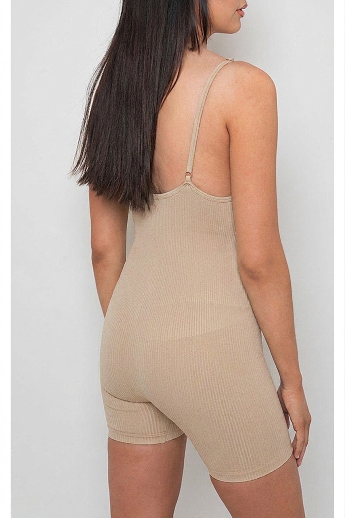 Fern Seamless Ribbed Sleeveless Strap Bodycon Jumpsuit - Beige