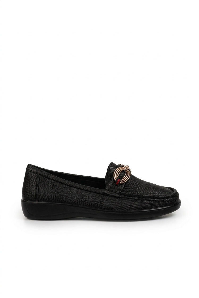 Ffion Gold Buckle Textured Loafers - Black_wb