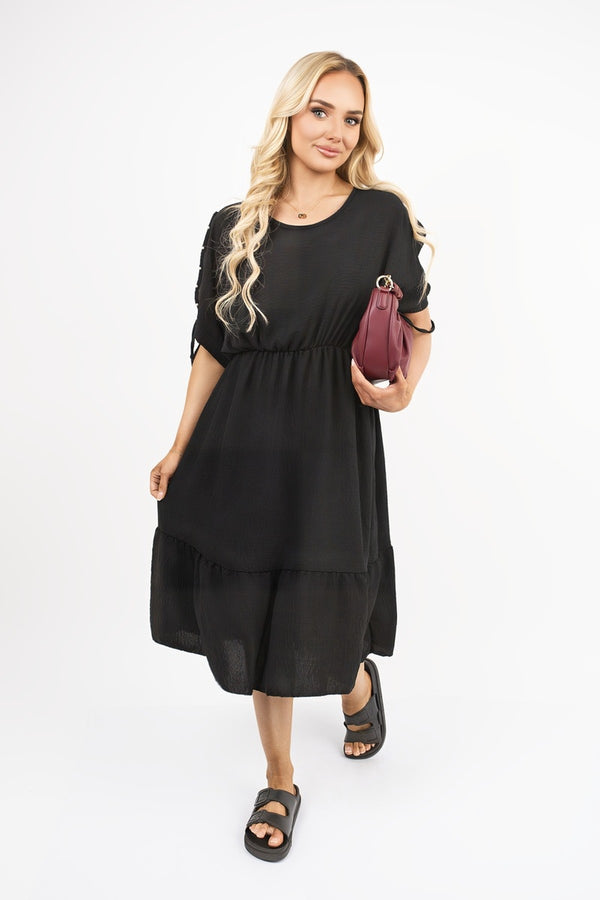 Fianna Round Neck Short Sleeve Midi Dress With Tie Sleeve Detail - Black