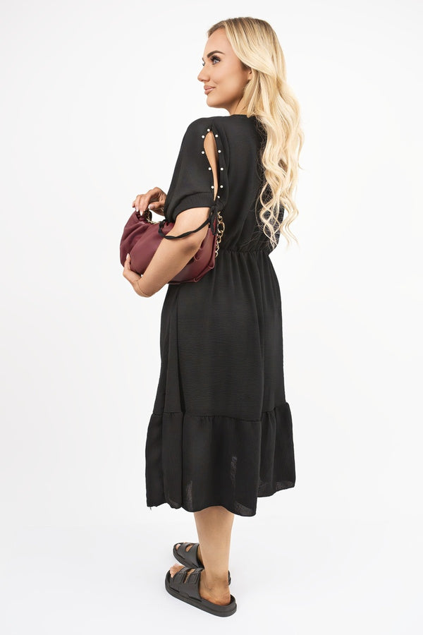 Fianna Round Neck Short Sleeve Midi Dress With Tie Sleeve Detail - Black