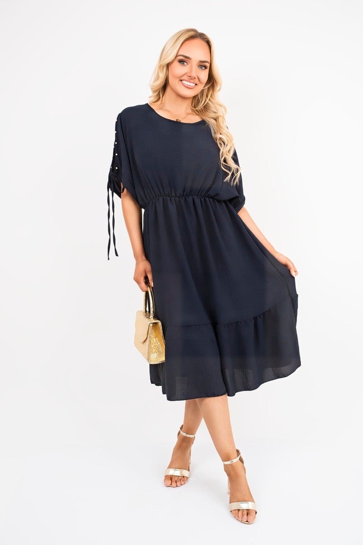 Fianna Round Neck Short Sleeve Midi Dress With Tie Sleeve Detail - Navy