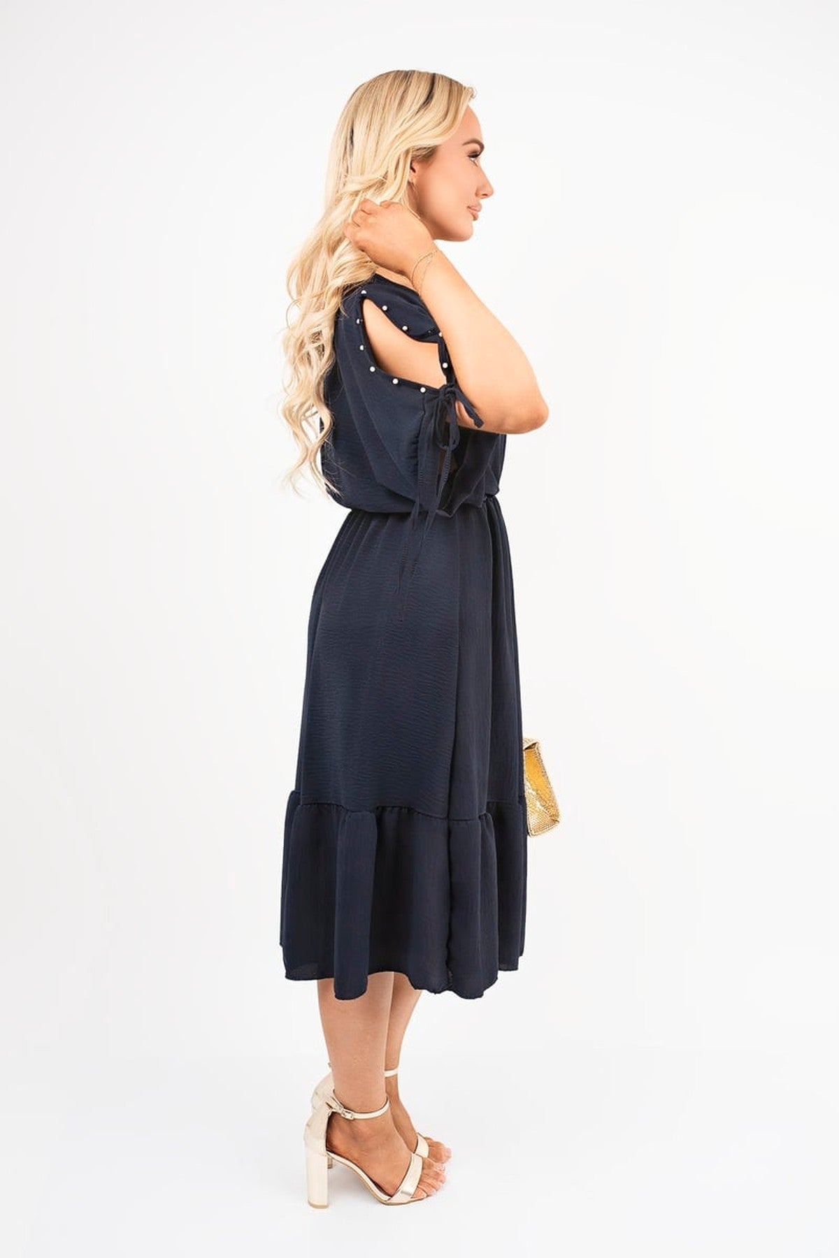 Fianna Round Neck Short Sleeve Midi Dress With Tie Sleeve Detail - Navy
