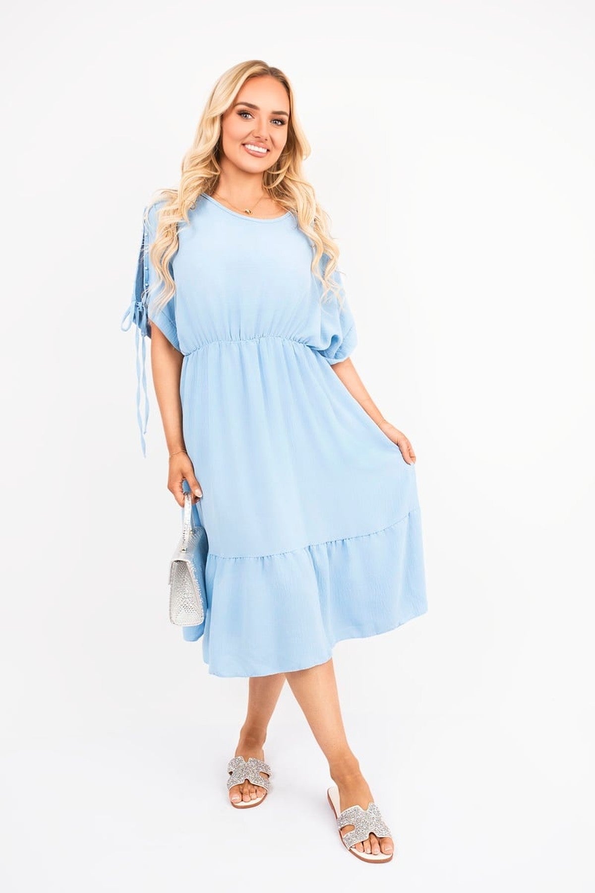 Fianna Round Neck Short Sleeve Midi Dress With Tie Sleeve Detail - Sky Blue