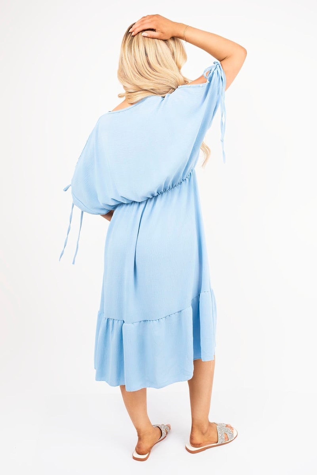 Fianna Round Neck Short Sleeve Midi Dress With Tie Sleeve Detail - Sky Blue