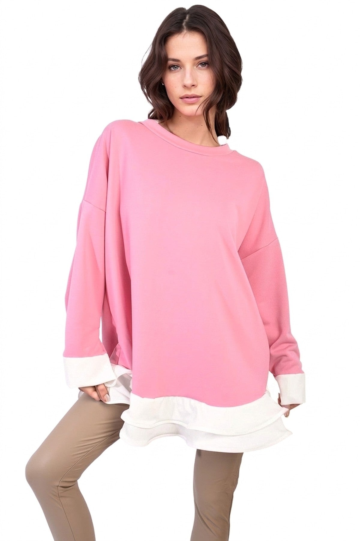 Fiona Contrast Ruffled Hem Top - PINK_wb