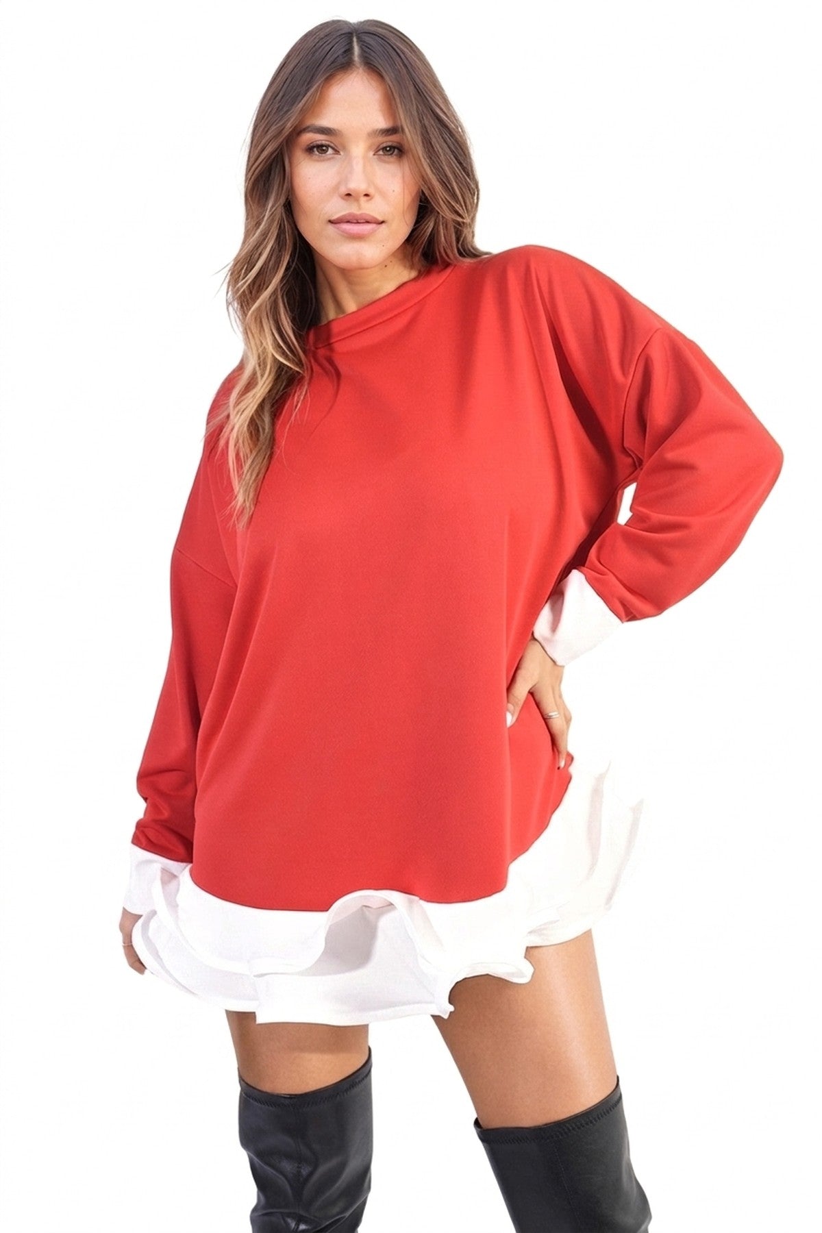 Fiona Contrast Ruffled Hem Top - Red_wb