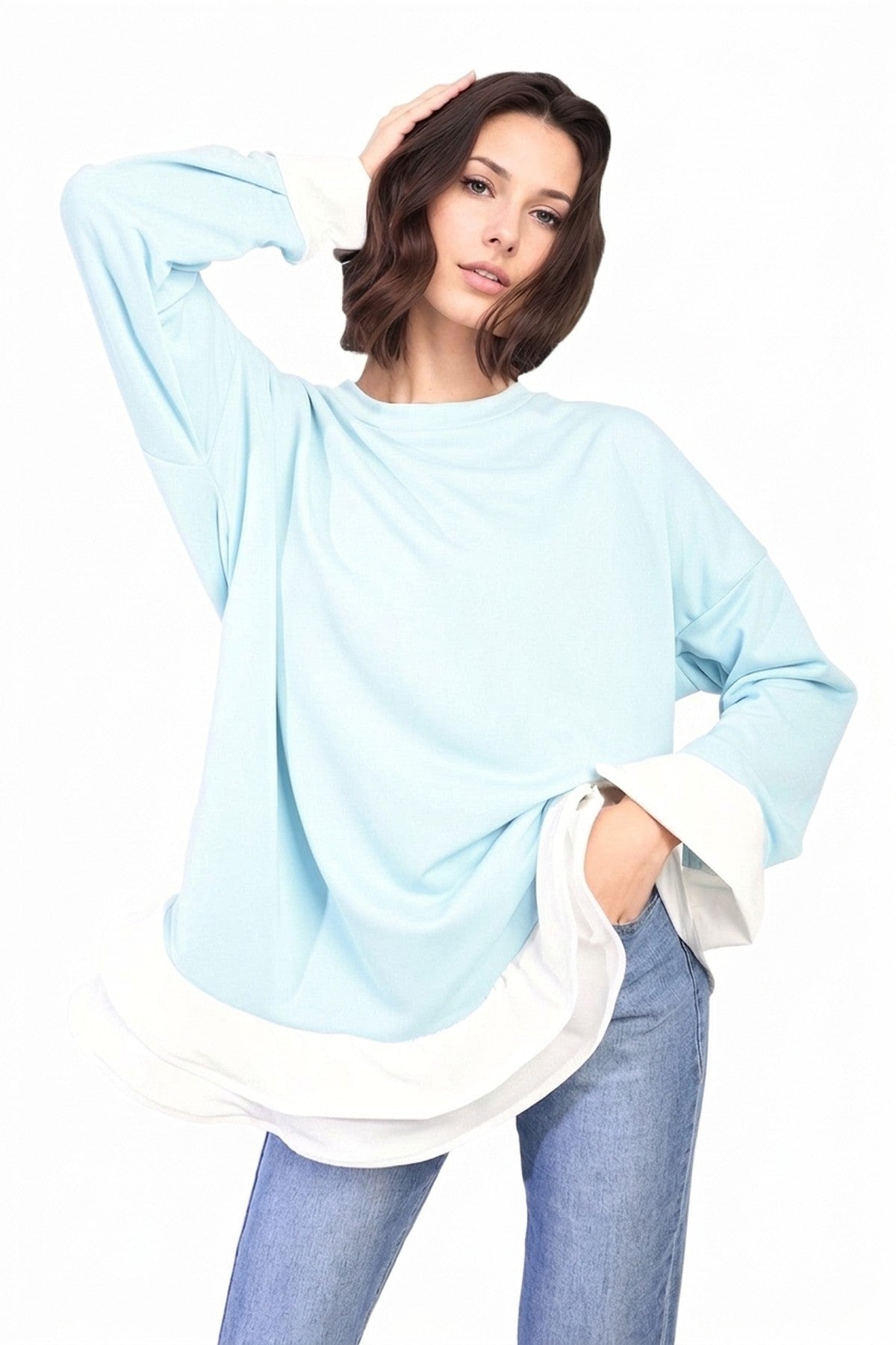 Fiona Contrast Ruffled Hem Top - Sky Blue_wb