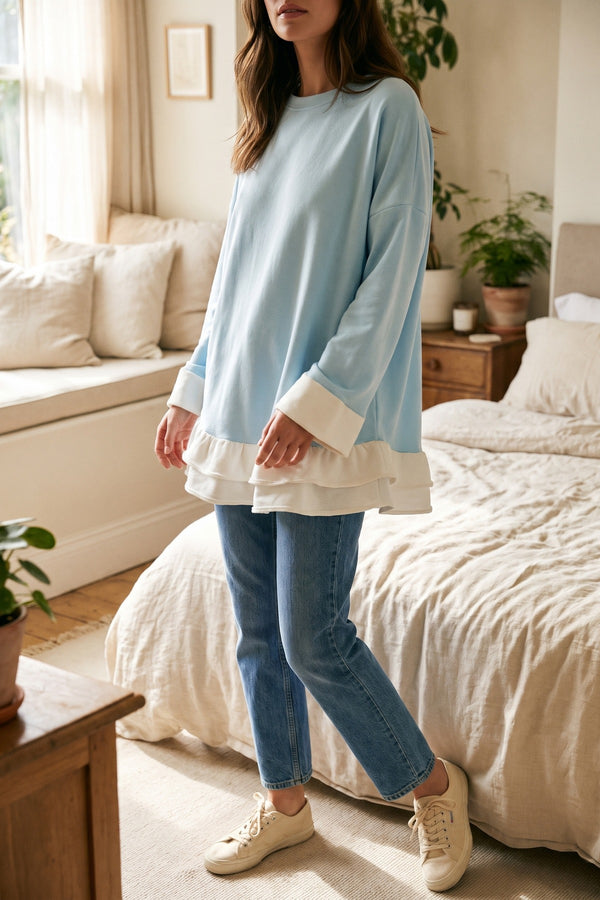 Fiona Contrast Ruffled Hem Top - Sky Blue