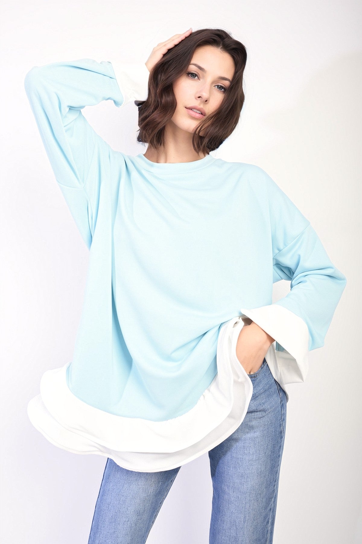 Fiona Contrast Ruffled Hem Top - Sky Blue