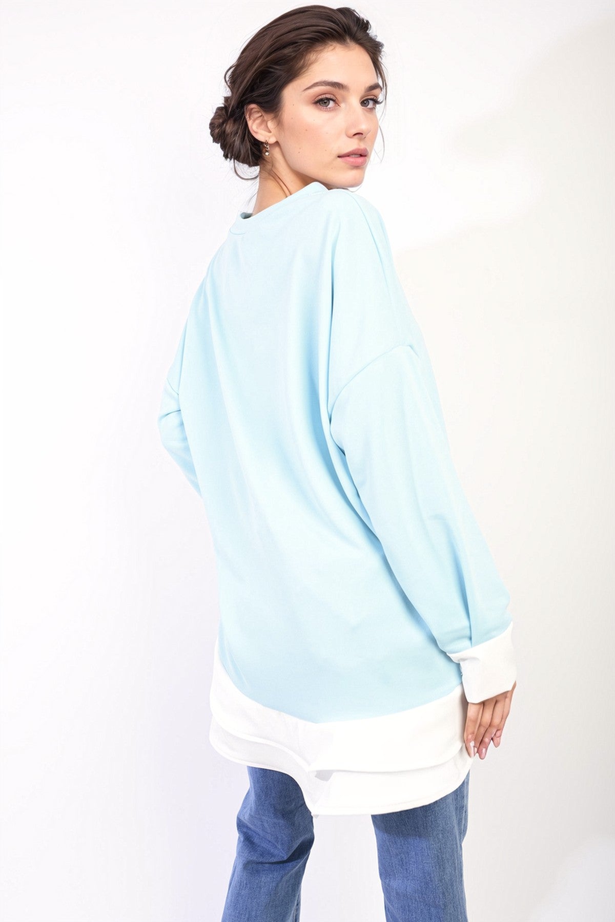 Fiona Contrast Ruffled Hem Top - Sky Blue