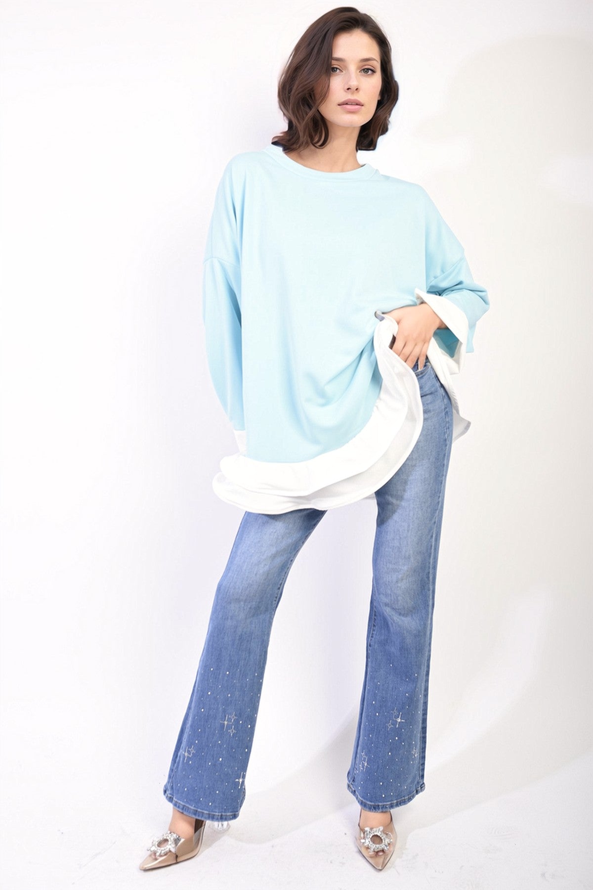 Fiona Contrast Ruffled Hem Top - Sky Blue