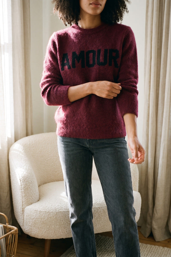 Zenya Fluffy Knit Oversized Jumper With Amour Slogan Detail - Wine