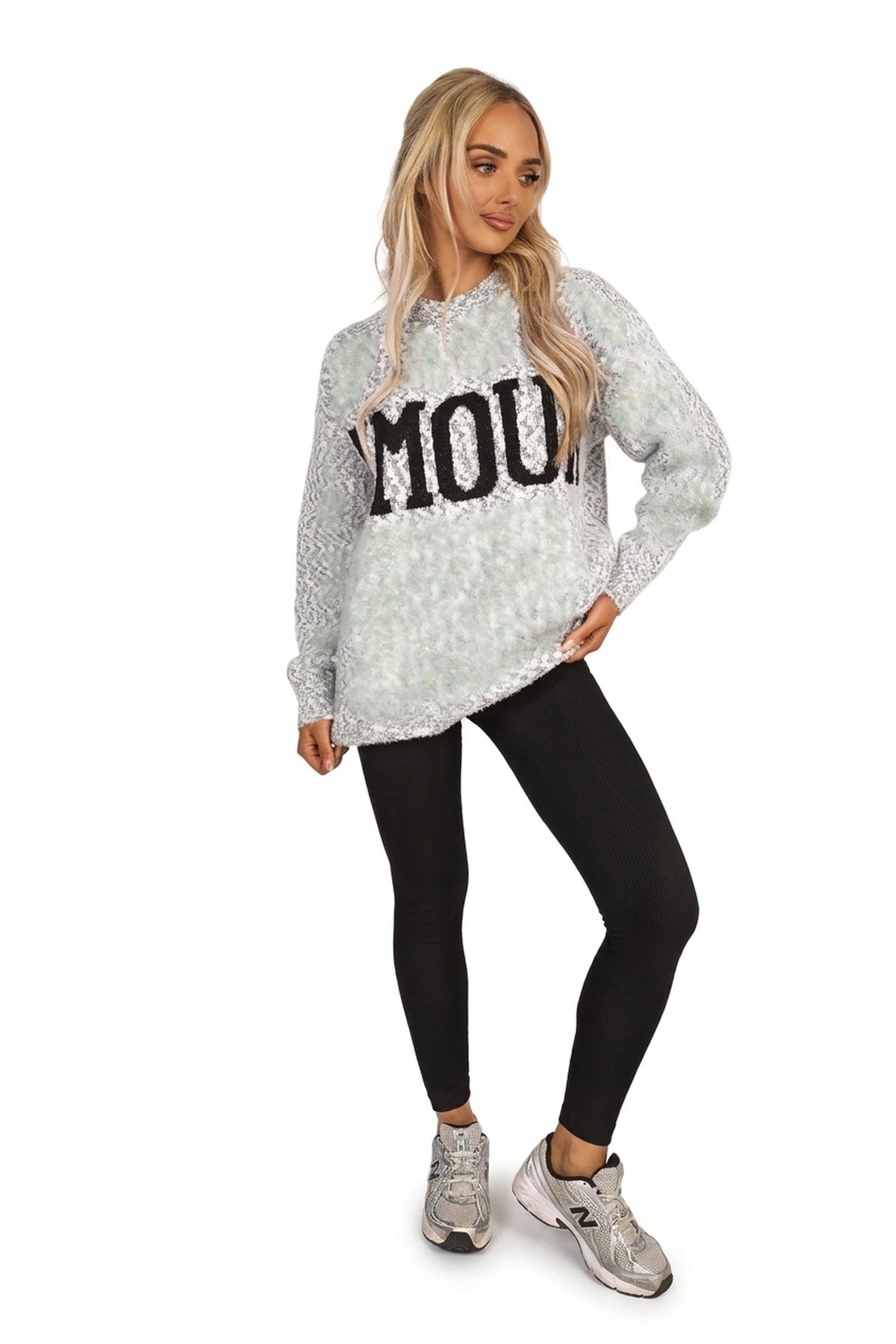 Zenya Fluffy Knit Oversized Jumper With Amour Slogan Detail - Grey