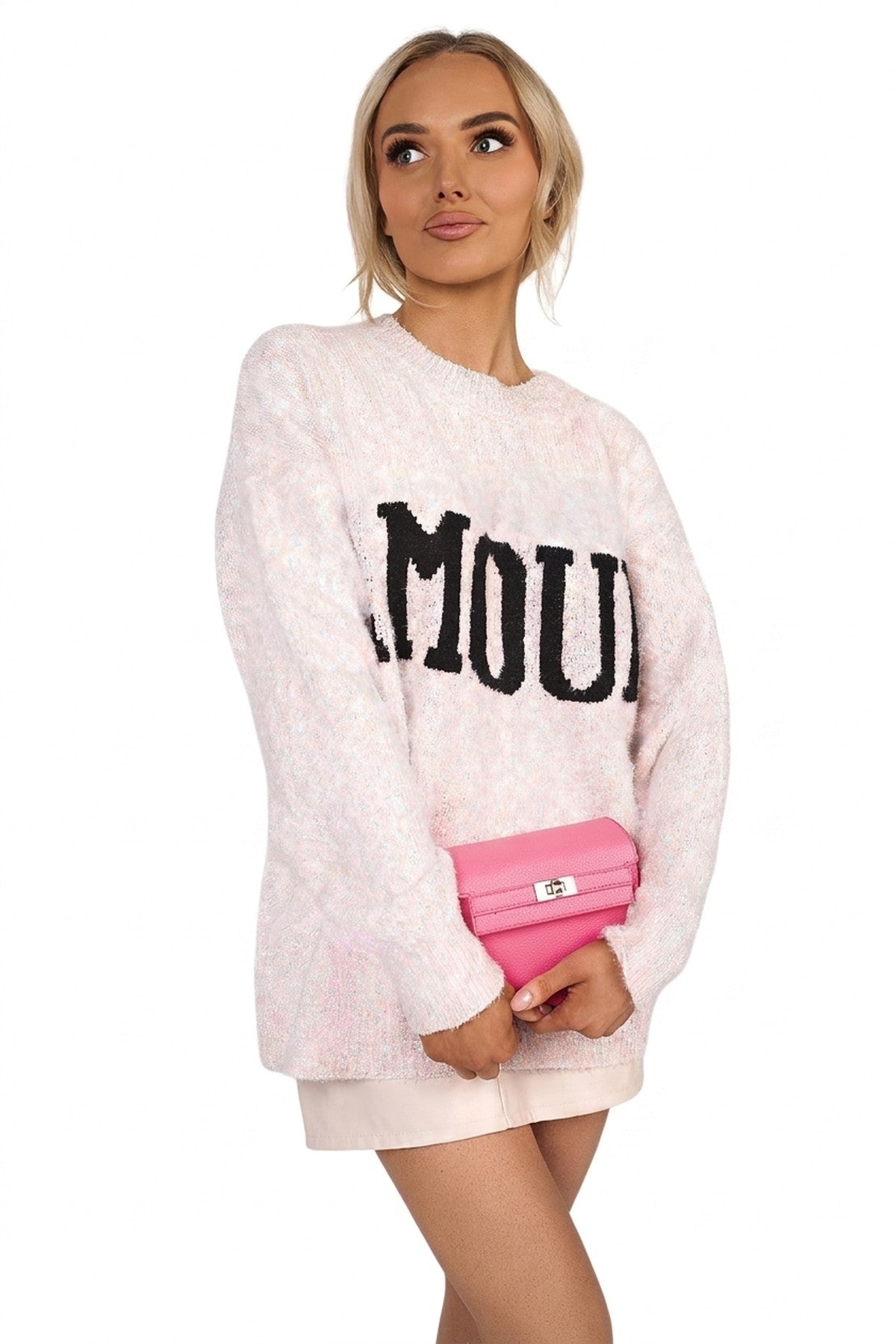 Zenya Fluffy Knit Oversized Jumper With Amour Slogan Detail - Pink