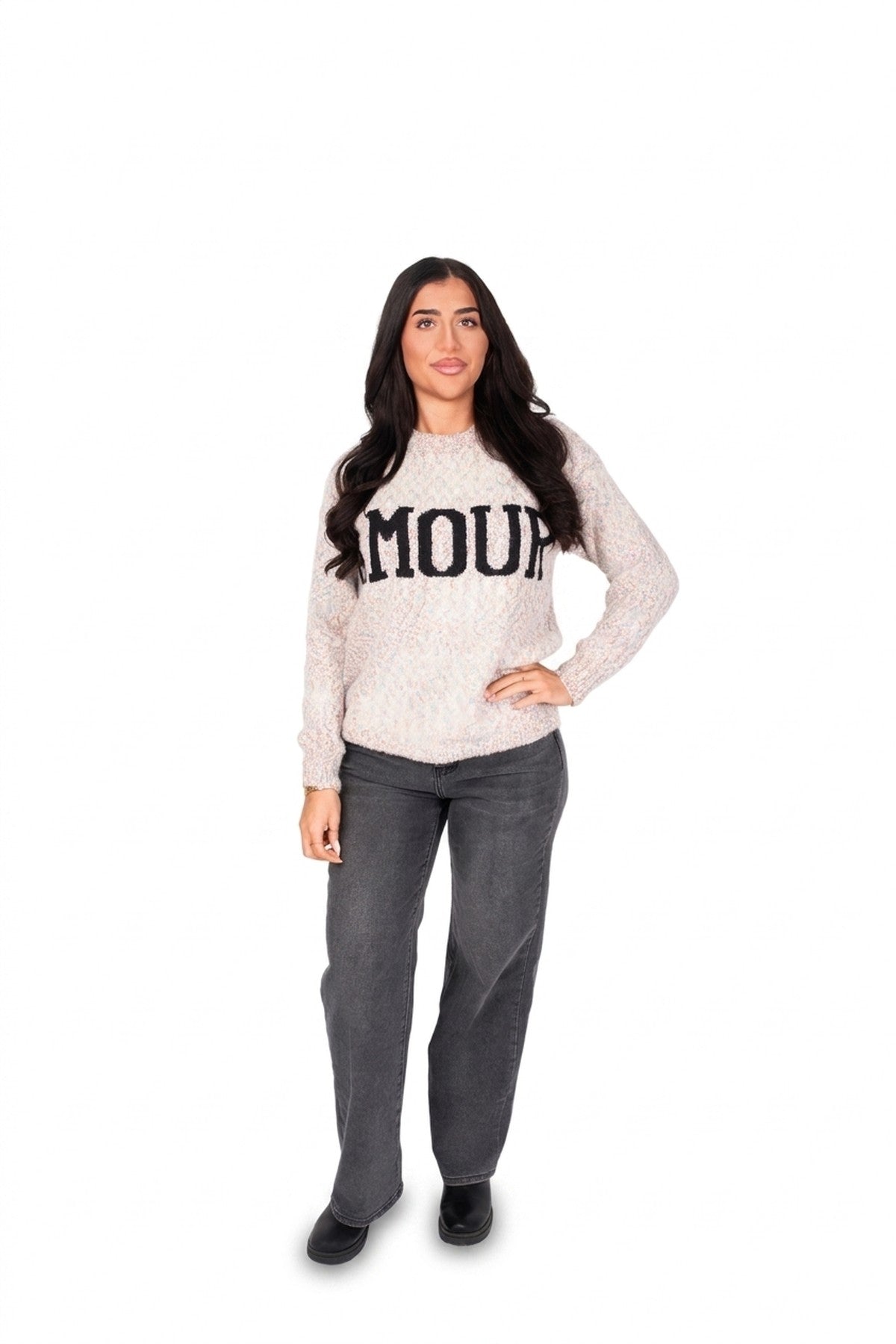 Zenya Fluffy Knit Oversized Jumper With Amour Slogan Detail - Wine