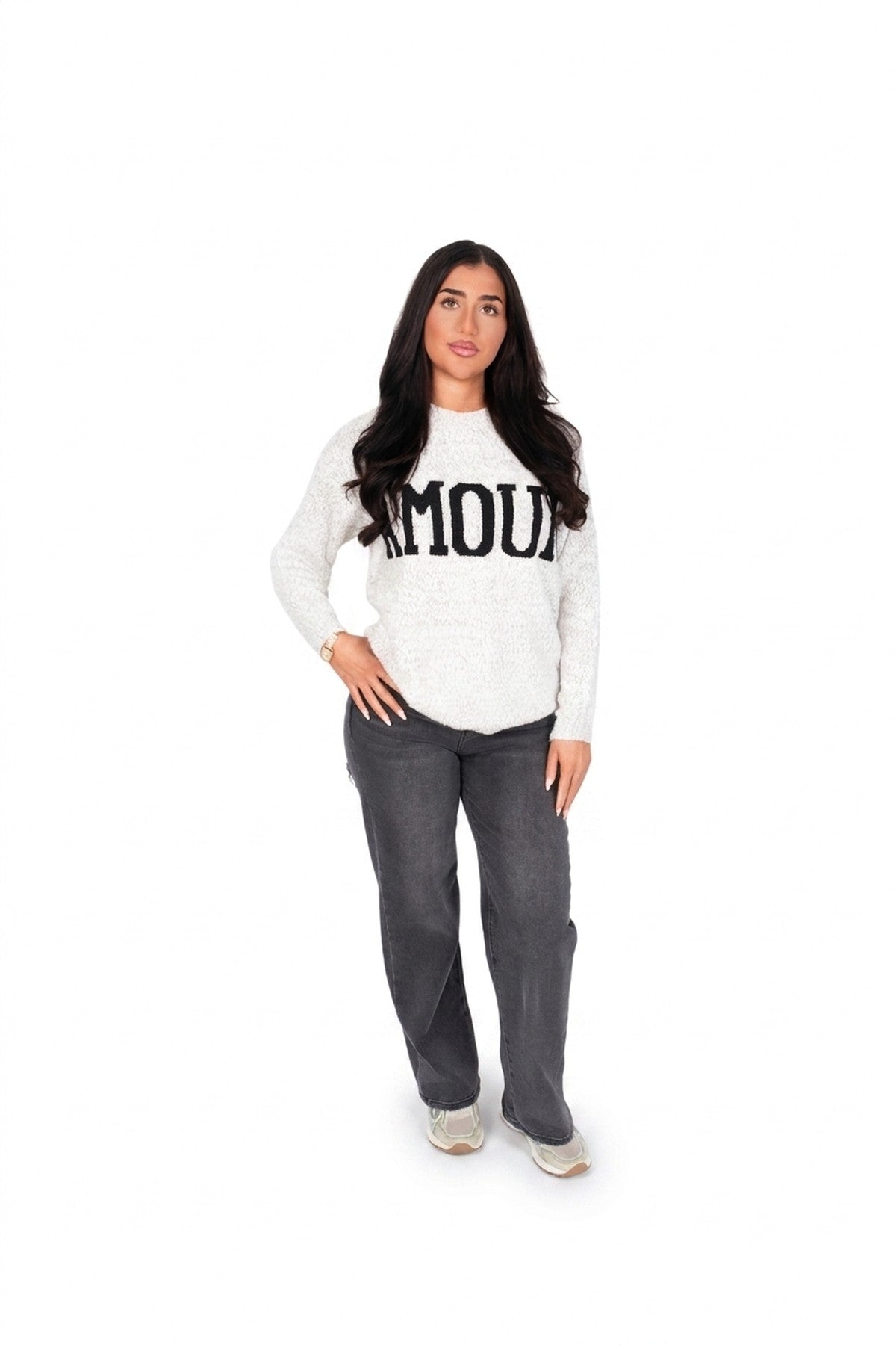 Zenya Fluffy Knit Oversized Jumper With Amour Slogan Detail - Light Grey
