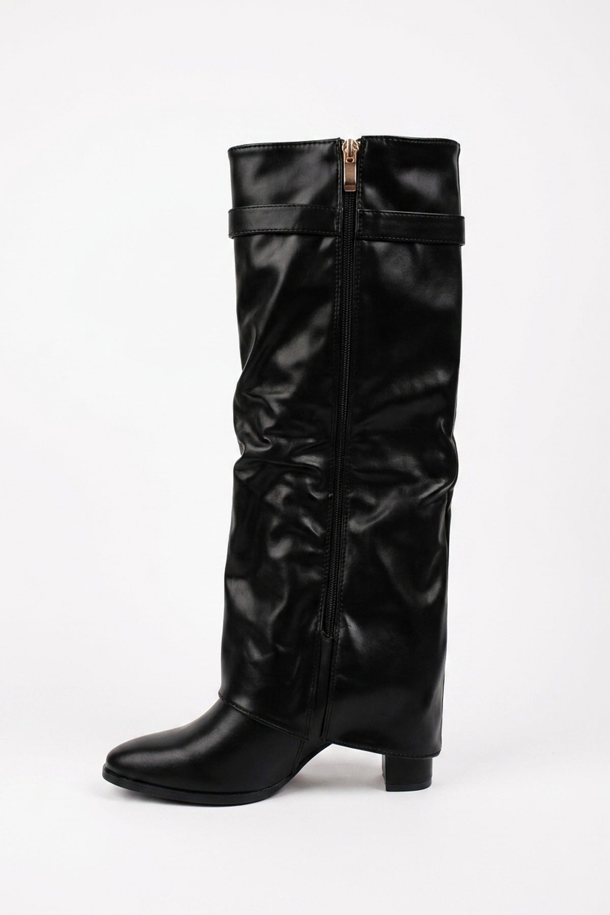 Cordelia Fold Over Block Heel Knee High Boots - Black Pu