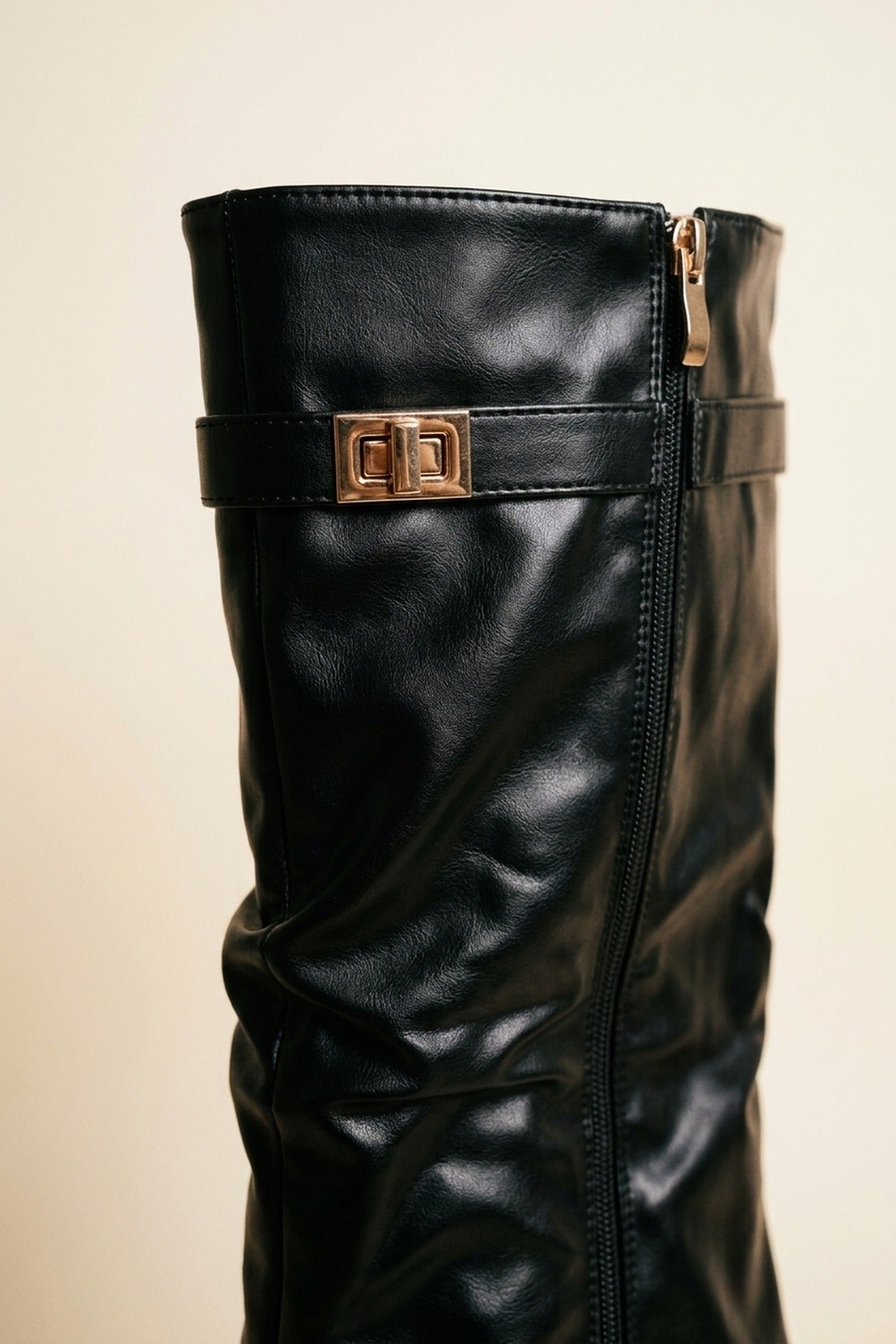 Cordelia Fold Over Block Heel Knee High Boots - Black Pu