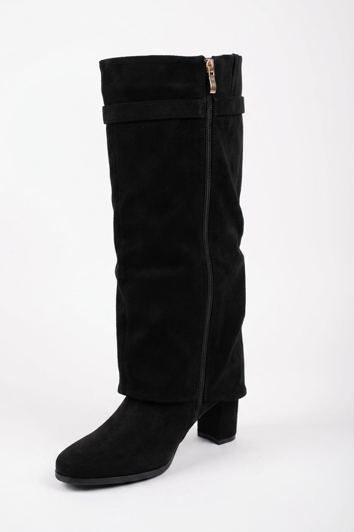 Cordelia Fold Over Block Heel Knee High Boots - Black Suede