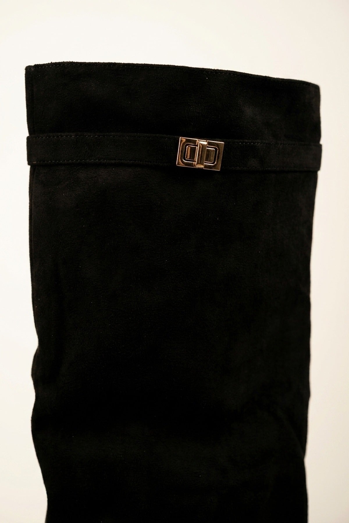 Cordelia Fold Over Block Heel Knee High Boots - Black Suede