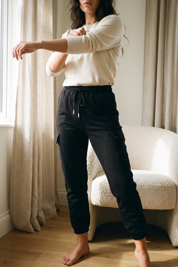 Francesca Pocket Side Drawstring Waist Cargo Trouser - Black