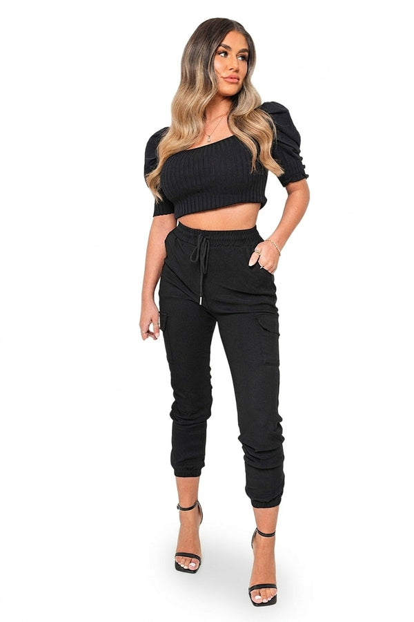 Francesca Pocket Side Drawstring Waist Cargo Trouser - Black_wb