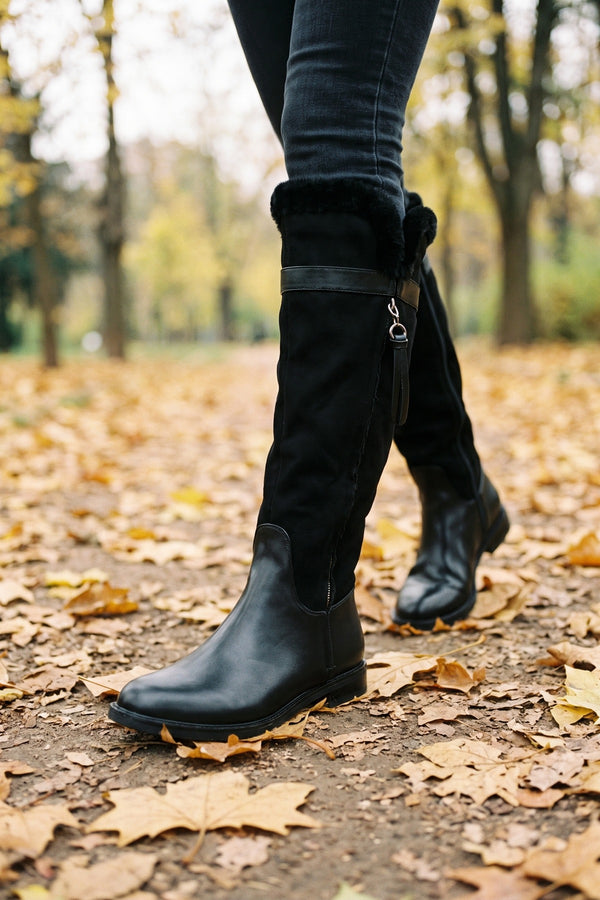 Zeynep Faux Fur Cuff Knee High Boots - Black