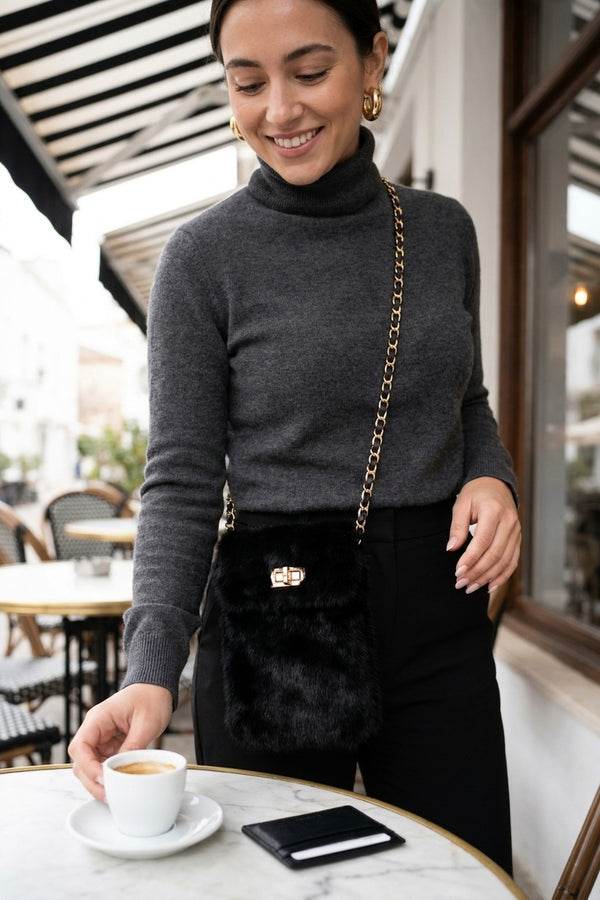 Rocio Faux Fur Mini Phone Bag - Black