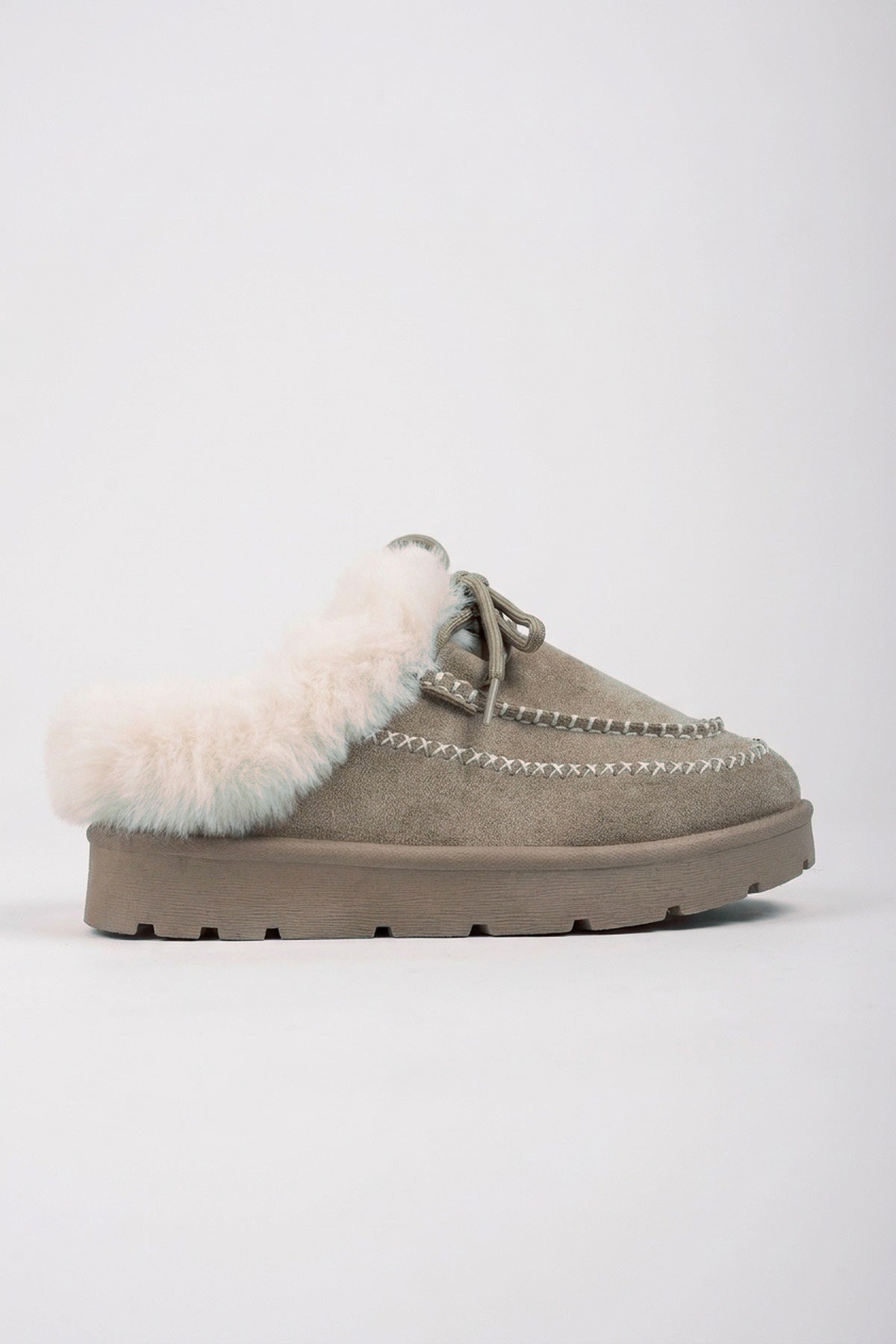 Aine Faux Suede Faux Fur Mules - Khaki
