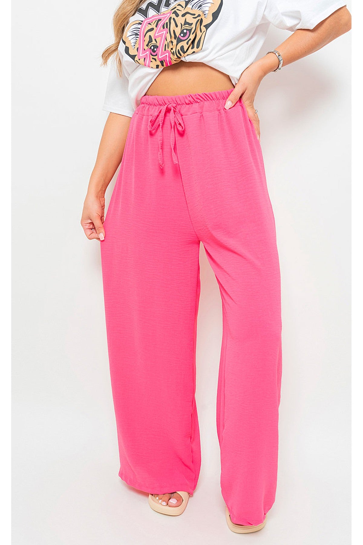 Mollie Drawstring Gathered Waist Wide Leg Trouser - Fuschia