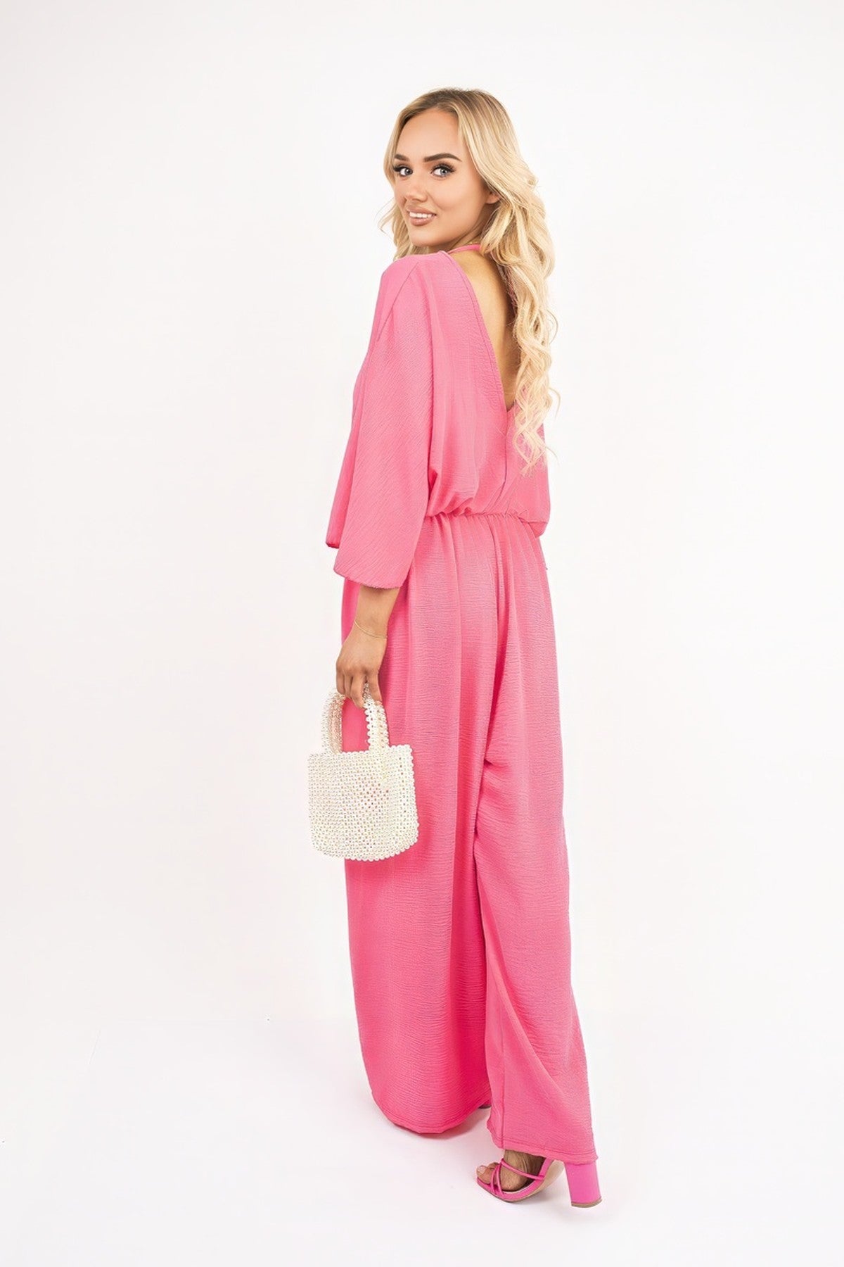 Maysa Wide Leg V Neck Jumpsuit With Back Tie Detail - Fuschia