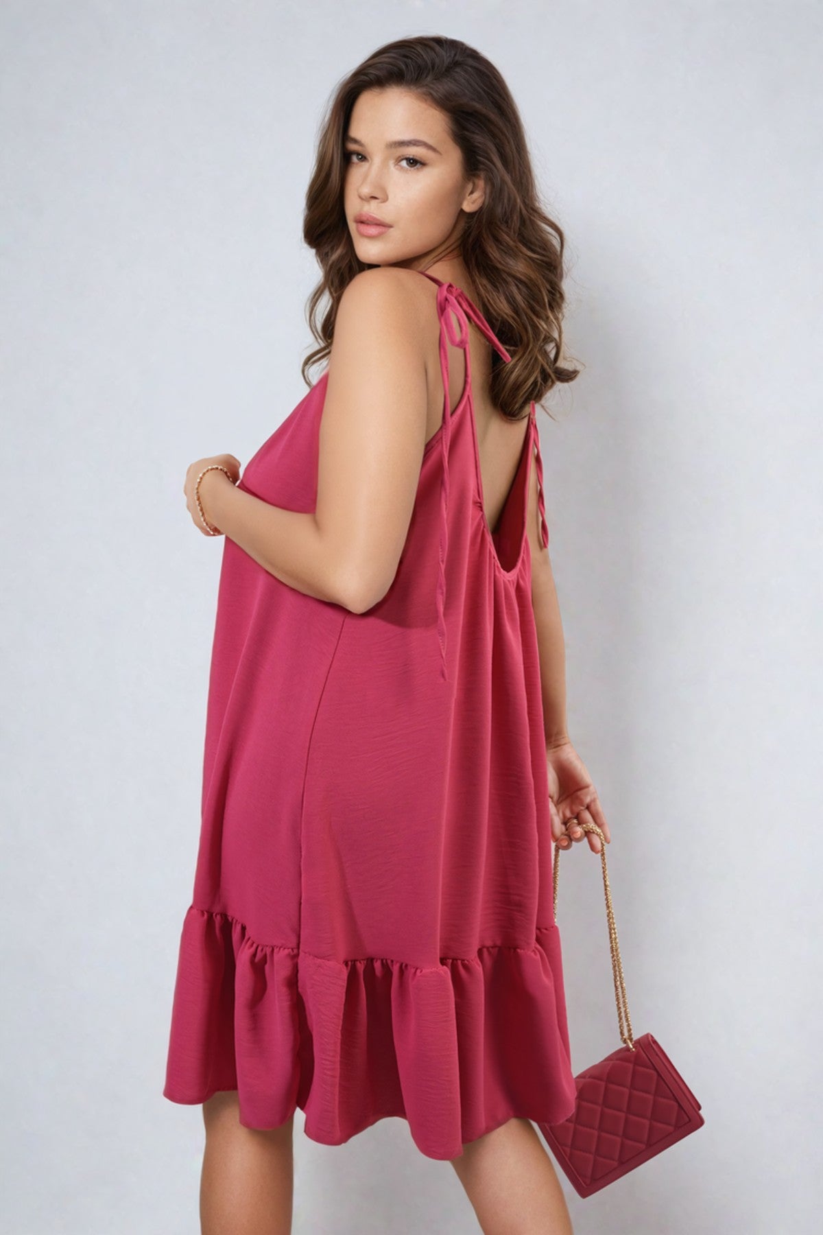Faye Backless Tie-up Spaghetti Strap Frill Hem Mini Dress - Fuschia